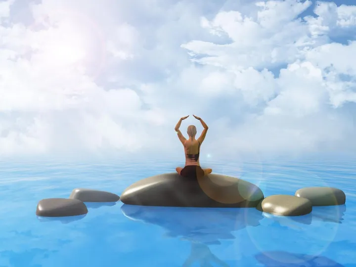 3D render of smooth rocks in the sea against a blue cloudy s