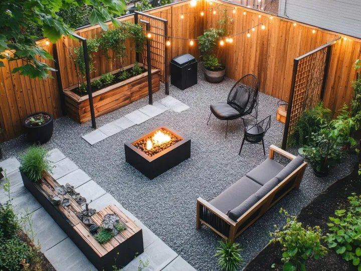 Compact courtyard garden with a fire pit, gravel, raised timber planters and outdoor seating