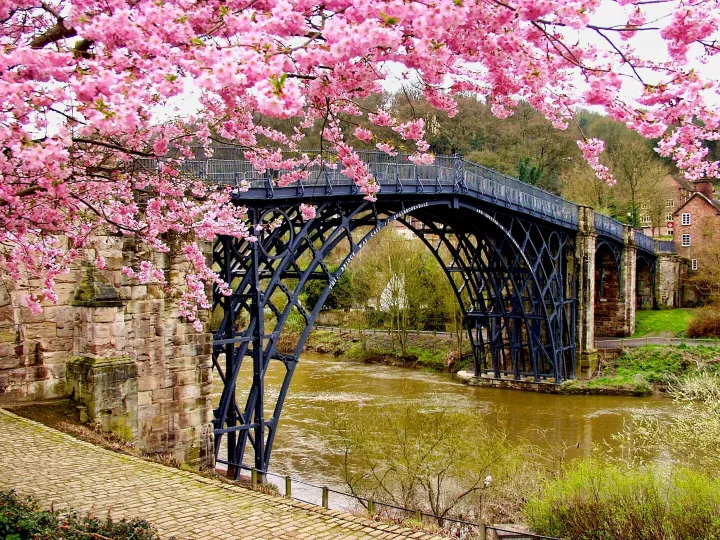 The Iron Bridge at Ironbridge Gorge, Telford, in spring blossom