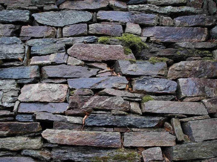 A dry-stone wall with moss growing in its crevices