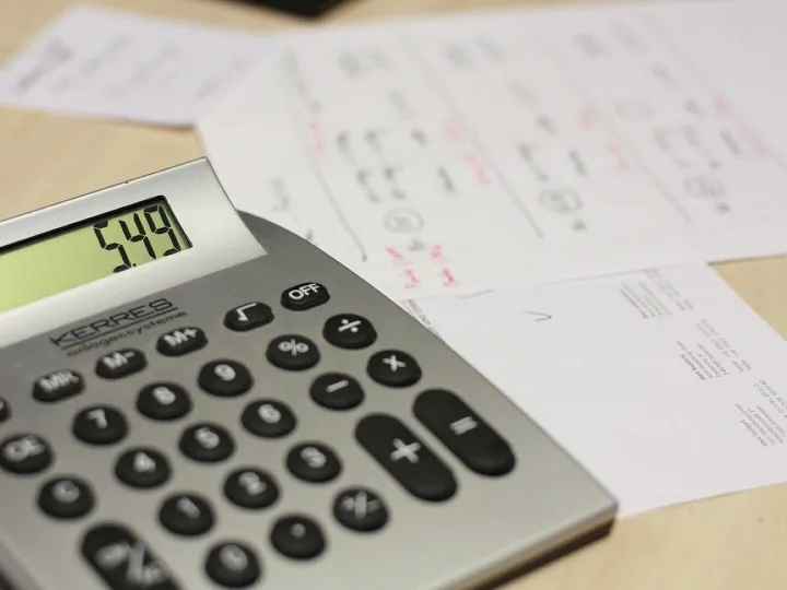 Calculator, table, invoice, work, pay