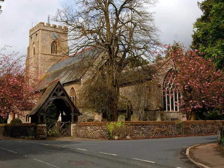 A church with blossom trees in spring