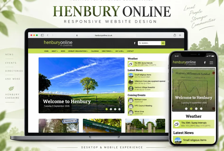 The Henbury Online community website shown on a laptop and a phone