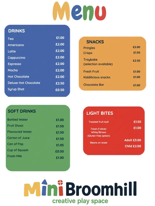 Mini Broomhill café menu, September 2026