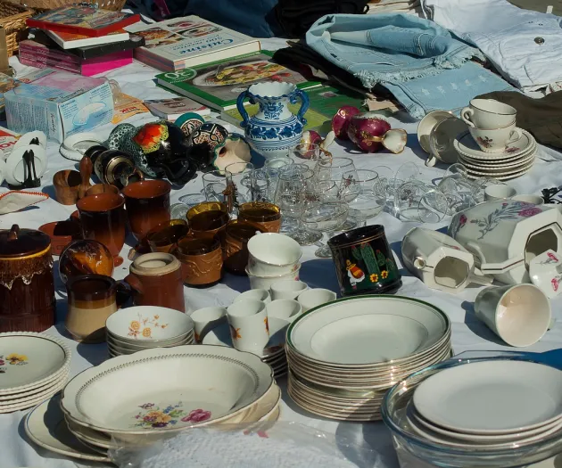 Flea market, dishes, garage sale