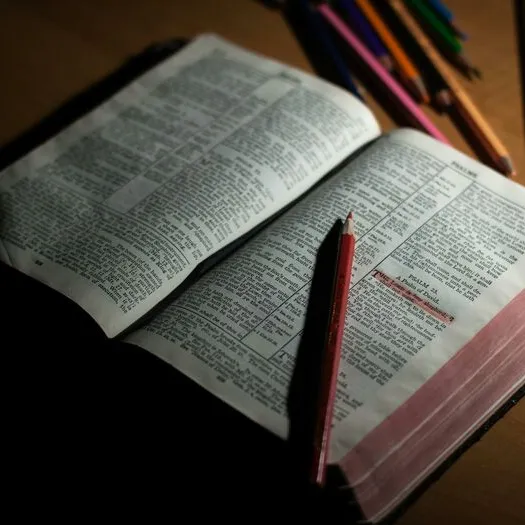 Pink Pencil on Open Bible Page and Pink