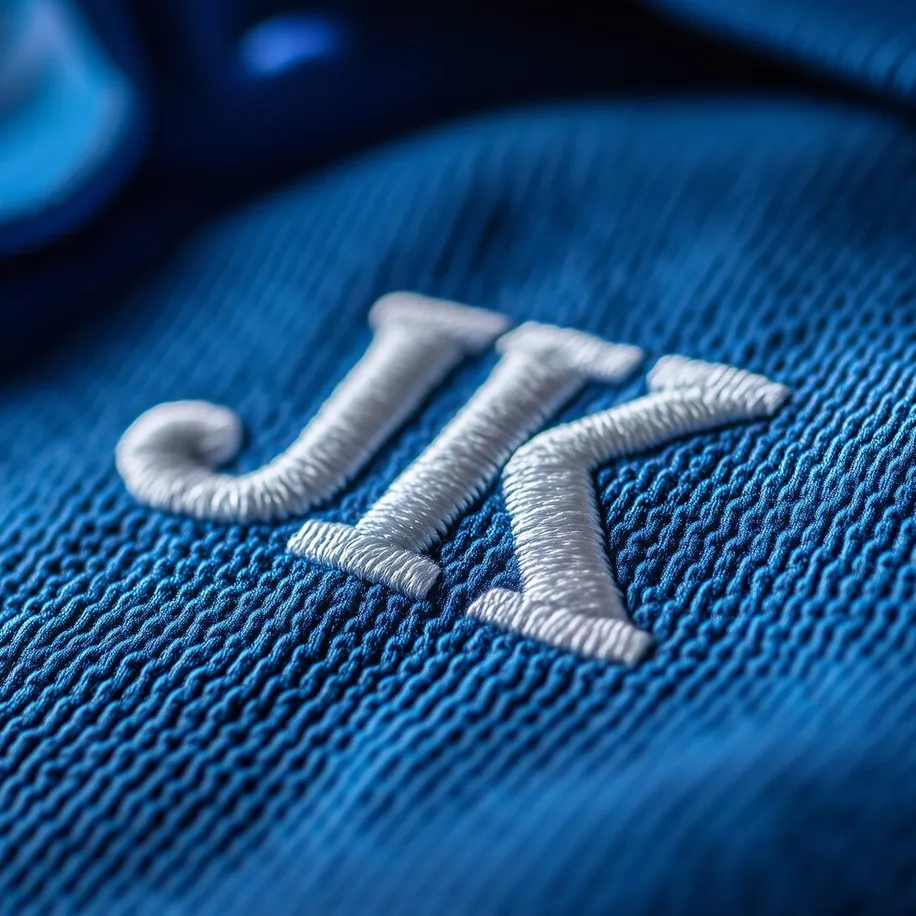 Embroidered JK on a blue polo t-shirt
