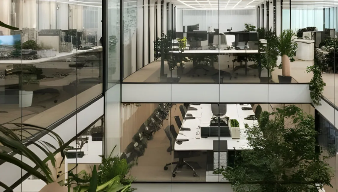 Office layouts with glass walls and plants