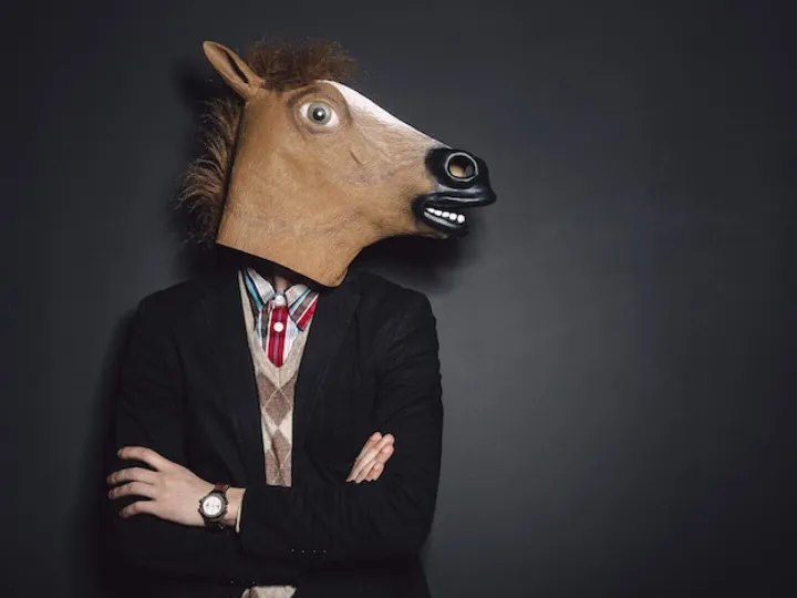 horse mask man in studio