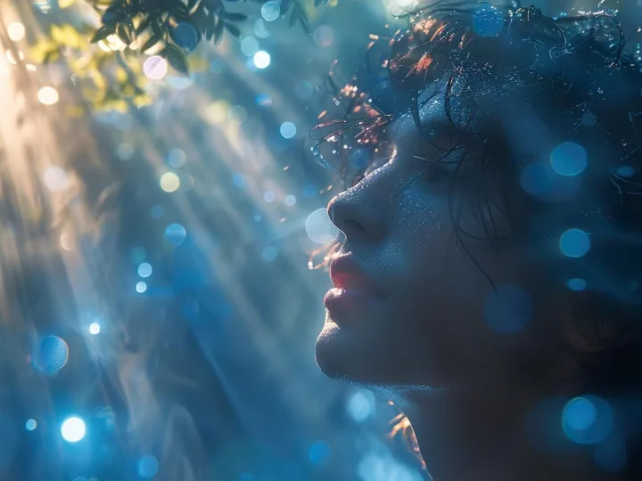 a woman looking out of a window with the sun shining through
