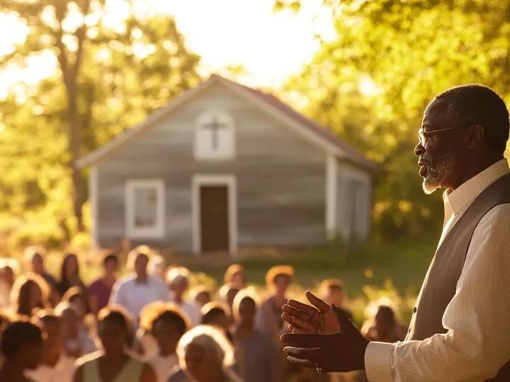 a man in front of a house with a crowd of people in the back