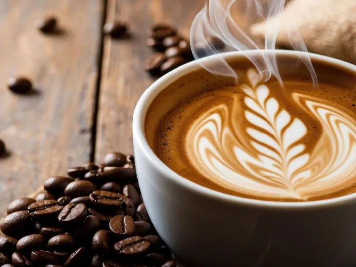 A closeup of a steaming coffee cup showcasing intricate latt