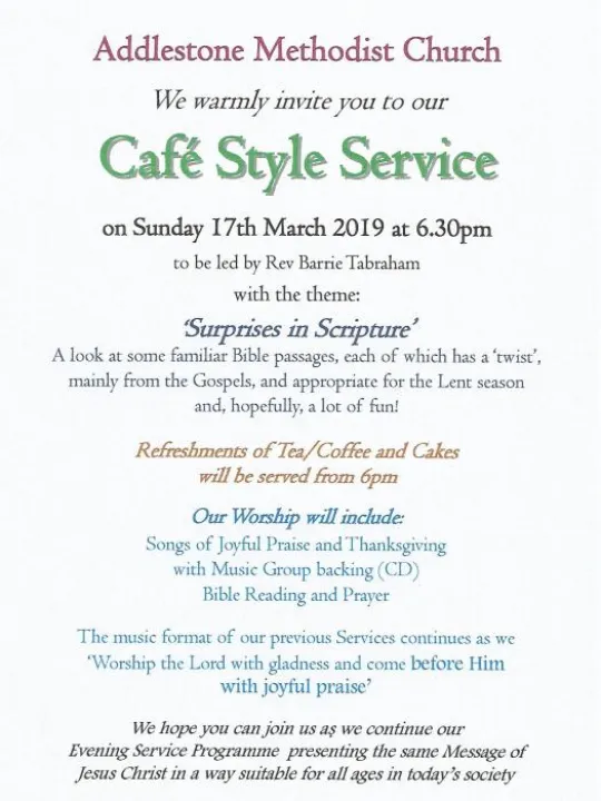 Cafe Style Evening Service &ndash; March 2019