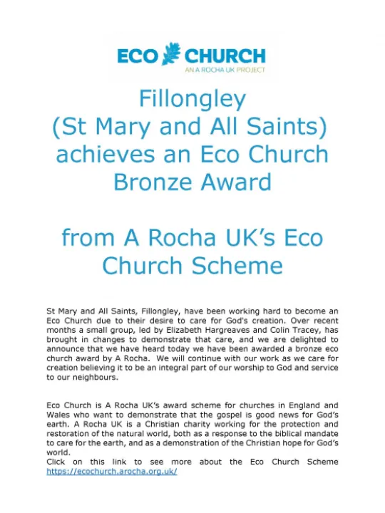 Eco Church Bronze Award for Fillongley