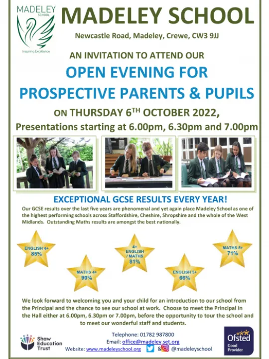 Madeley School Open Evening Poster 2022