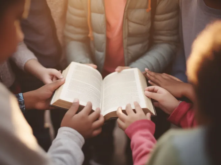 close up of children's hands over a bible