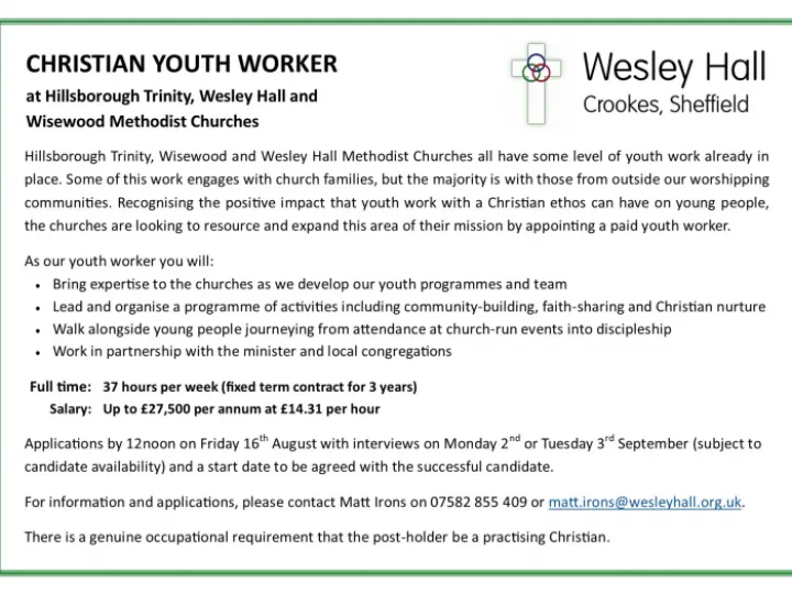 Youth Worker (Wesley Hall)