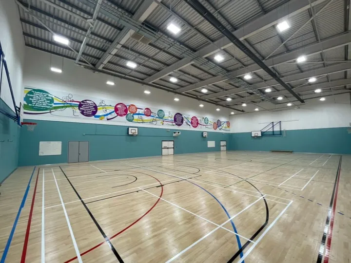 Indoor sports hall with basketball court