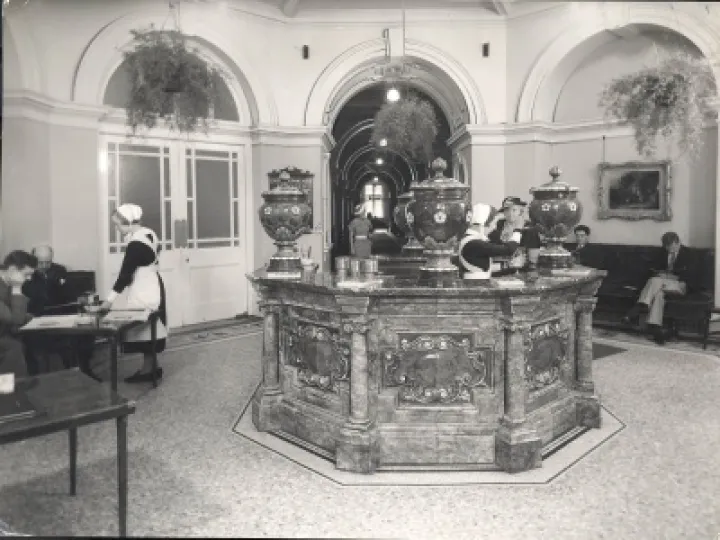 Counter and spa urns with stff Gladys and Lilian Birt