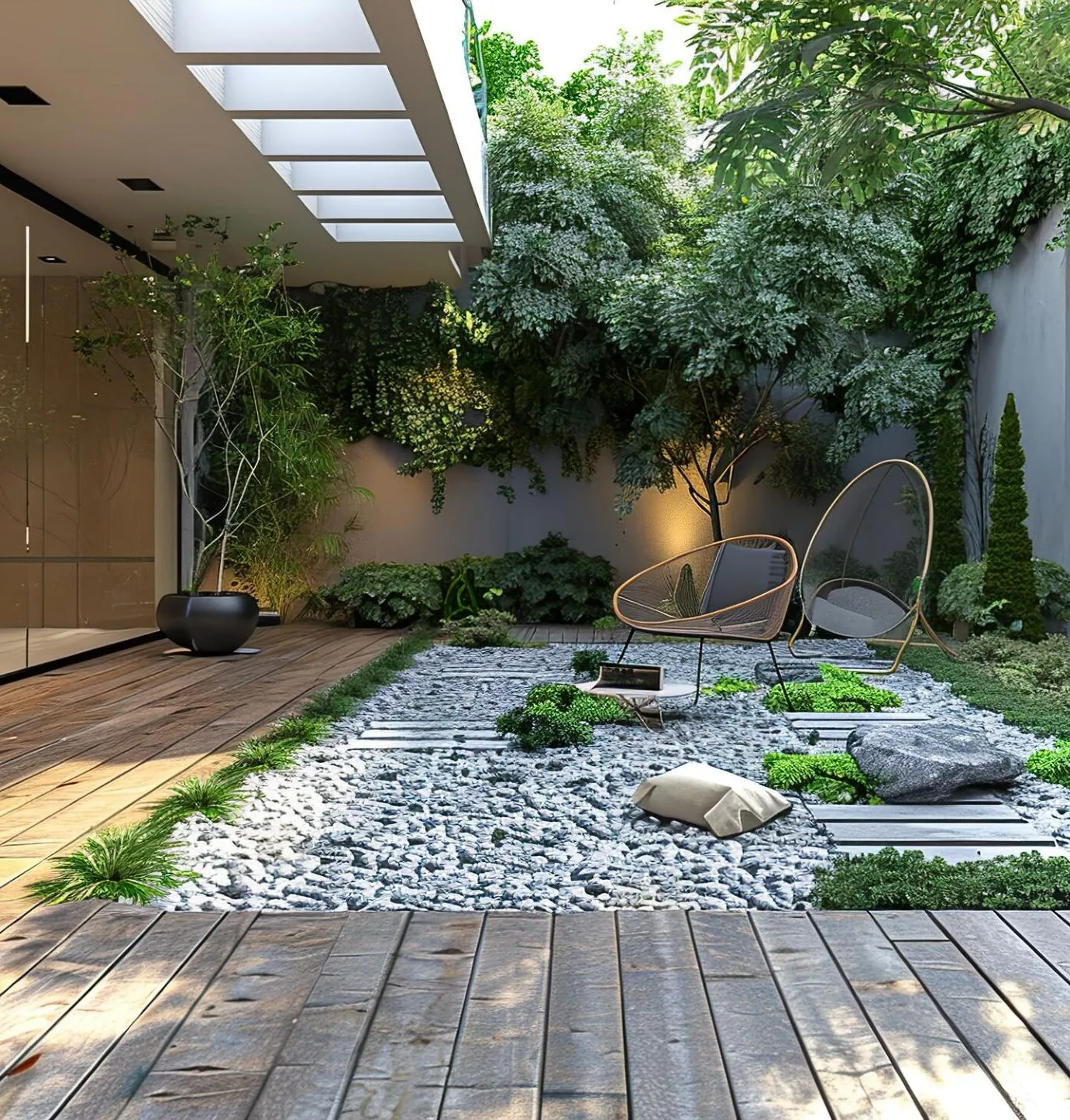 Contemporary garden with timber decking, pebble beds and two outdoor chairs
