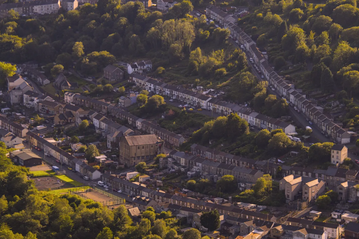 Rows of terraced houses in the evening sun