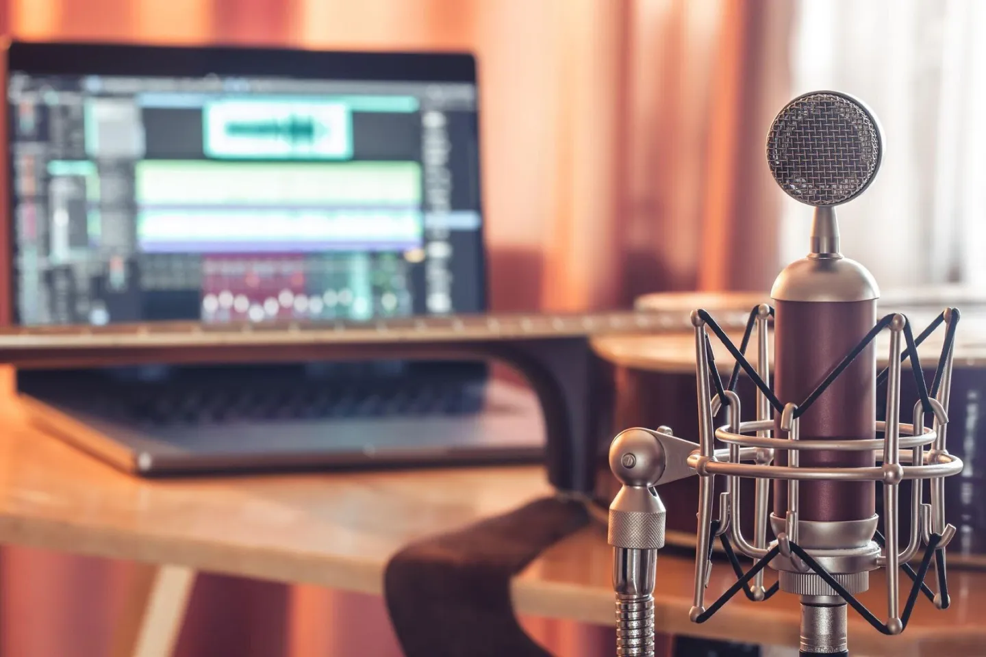 Professional microphone on blurred background sound recordin
