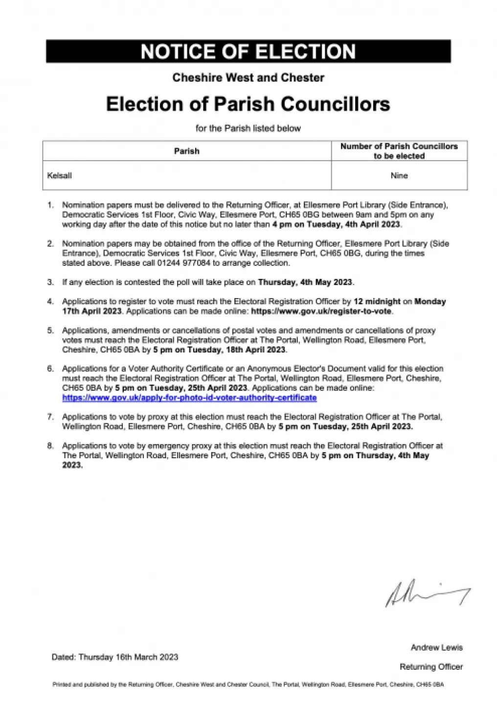 2023 Election notice for Kelsall