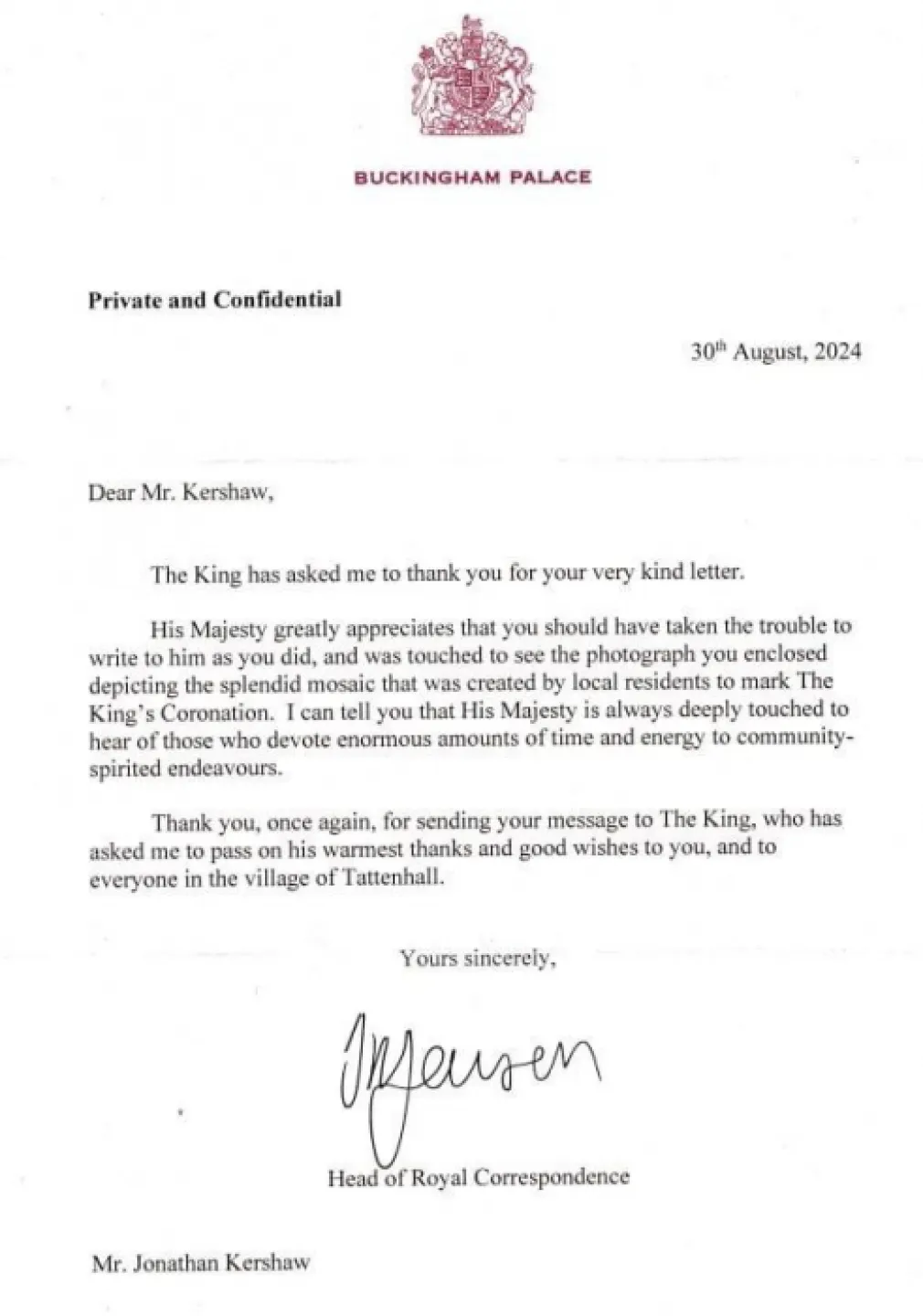 Letter From Buckingham Palace