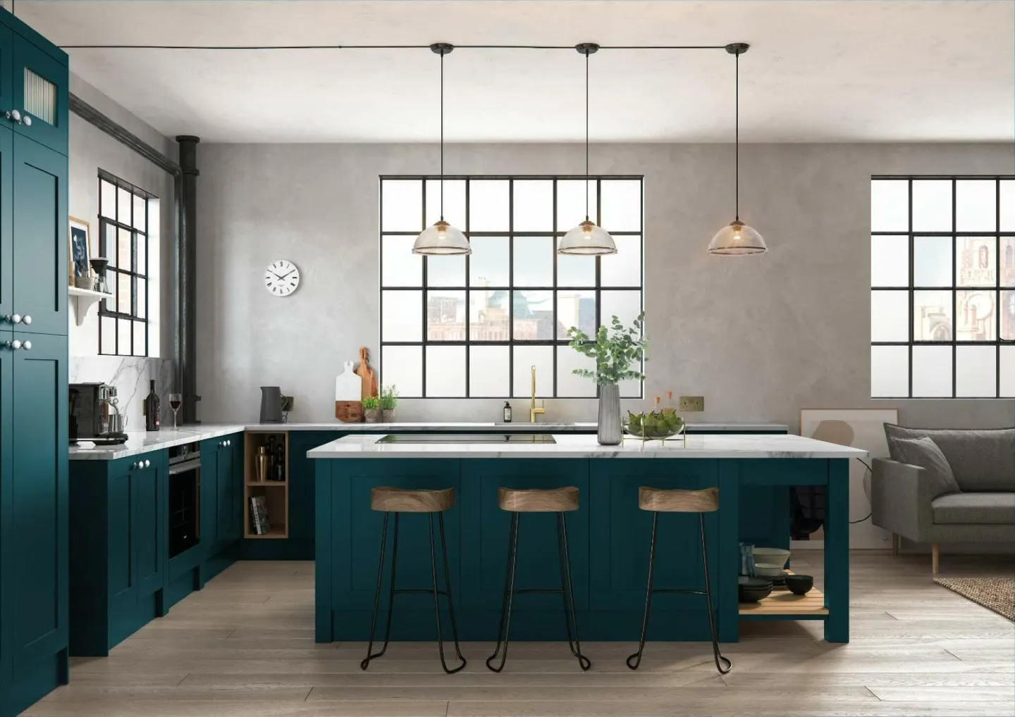 Alku Teal L-Shaped Shaker Open Plan Kitchen With Island 1.jpg