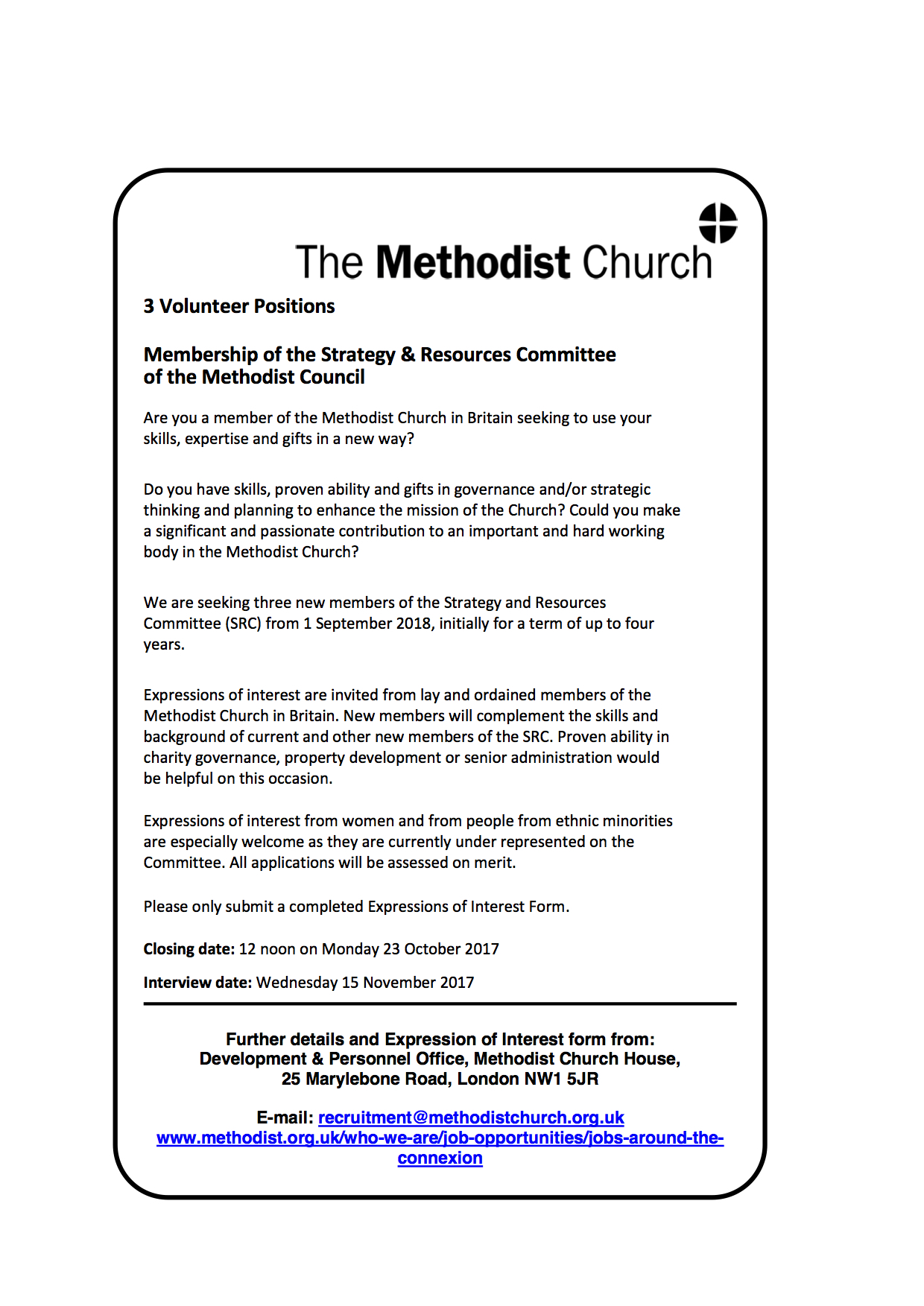 3 Volunteer Positions &ndash; Strategy & Resources Committee of the Methodist Council