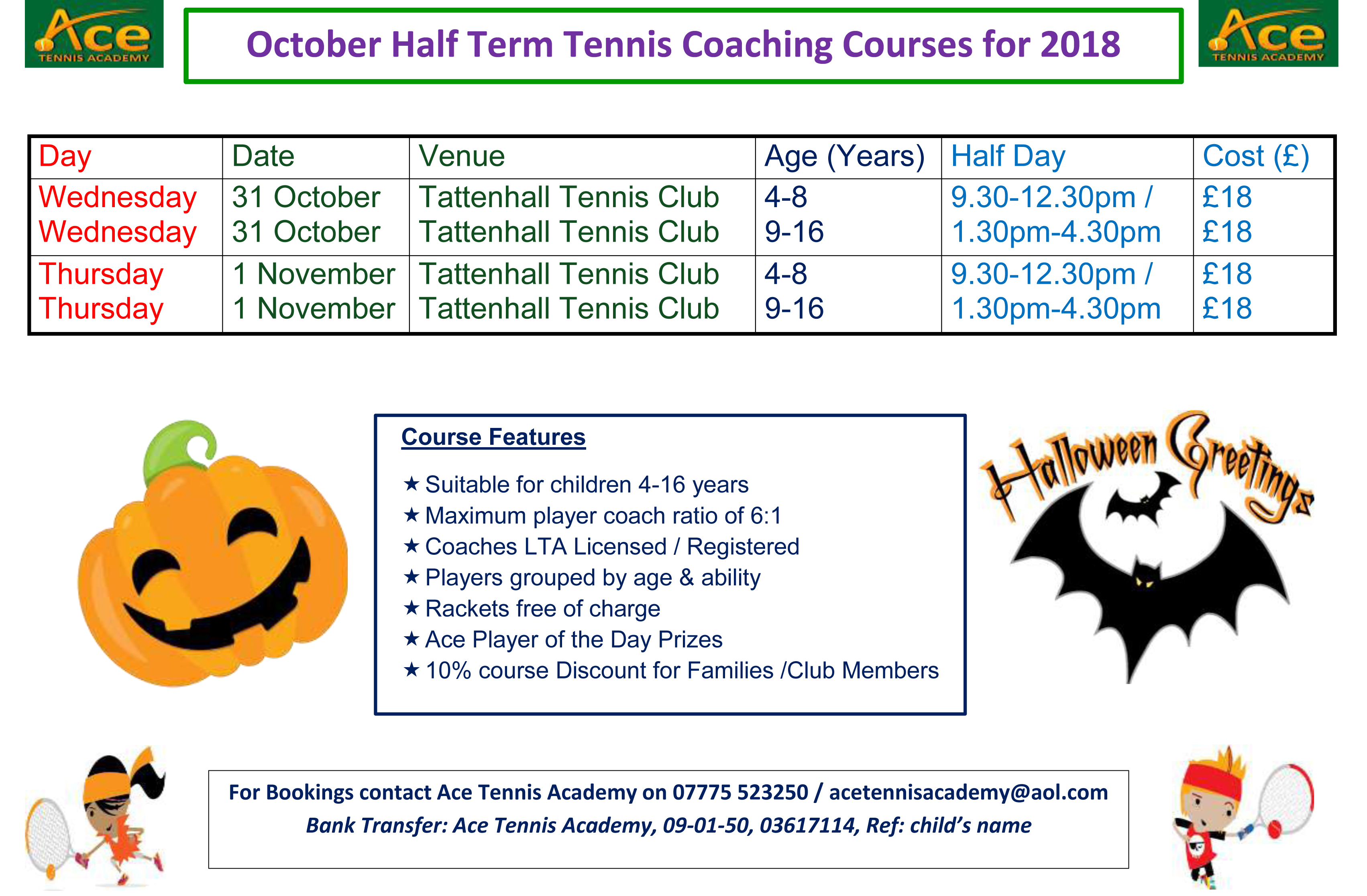 October 2018 Half Term Tennis Coaching Courses at Tattenhall