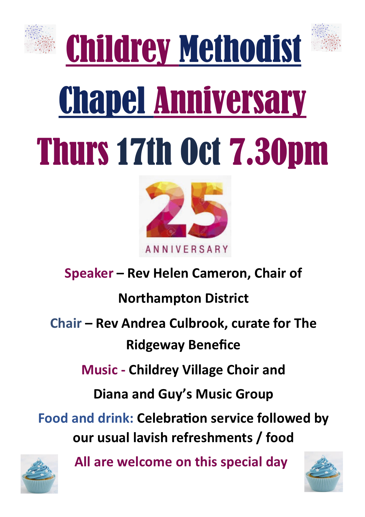 Childdrey Chapel Anniversary 25yrs – Thurs 17th Oct 2019 – 7-30pm