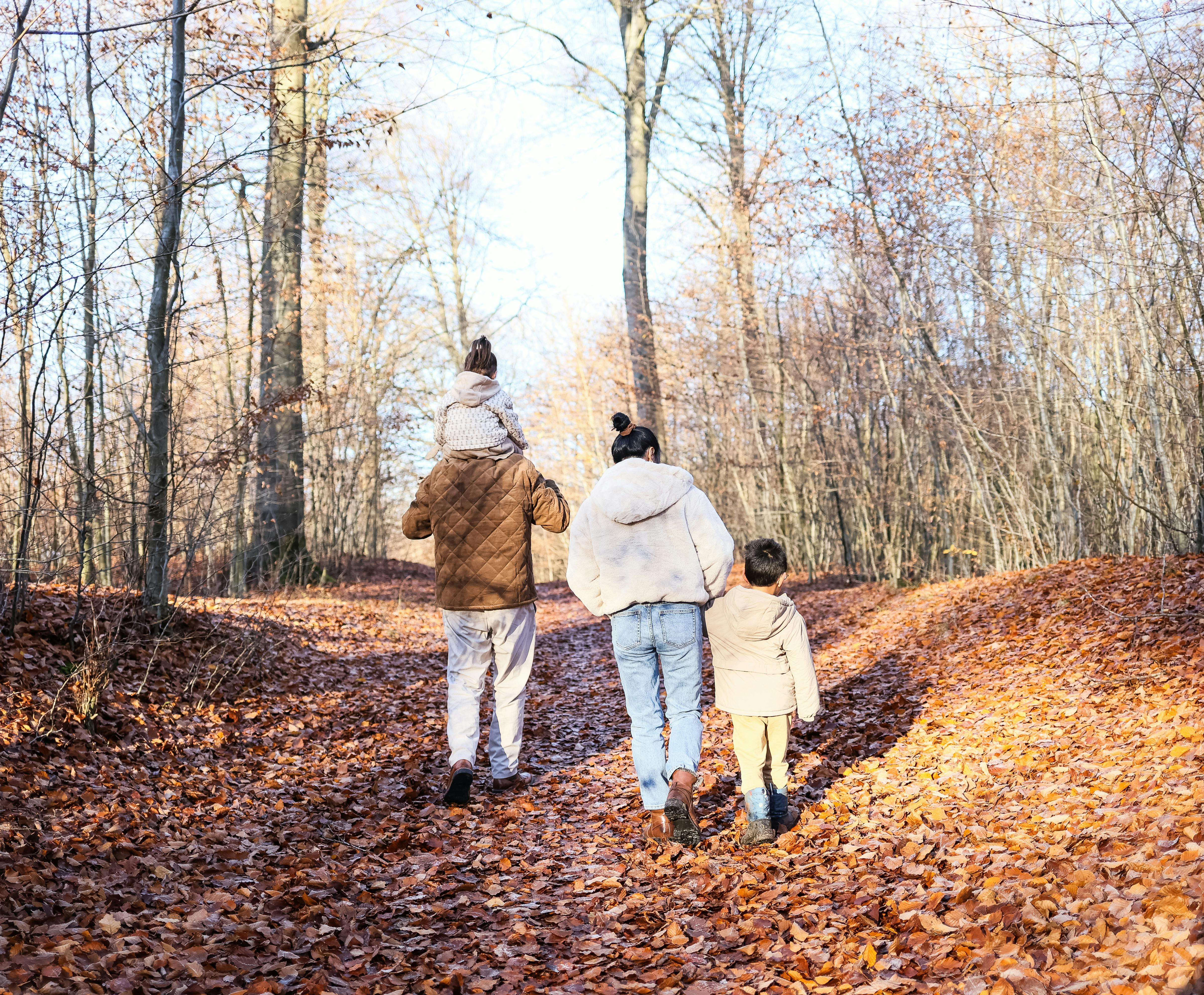 A family of four strolling on a leaf-covered path