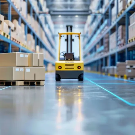 Warehouse with boxes and a yellow forklift truck