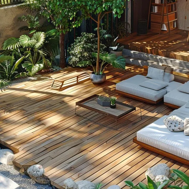 Timber decking with built-in cushioned seating and a low coffee table