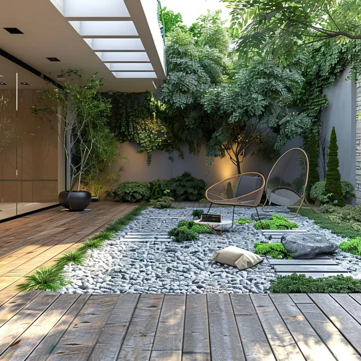 Contemporary garden with timber decking, pebble beds and two outdoor chairs