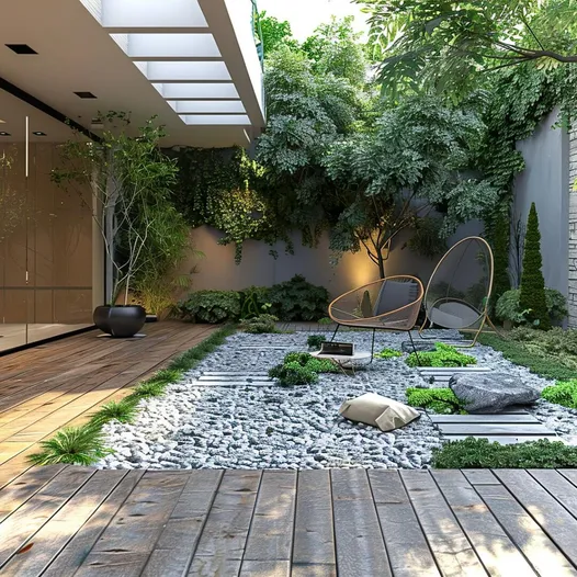 a garden with rocks and plants and a patio area with a bench