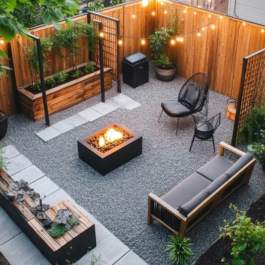 Cozy outdoor garden space with seating fire pit and plants f