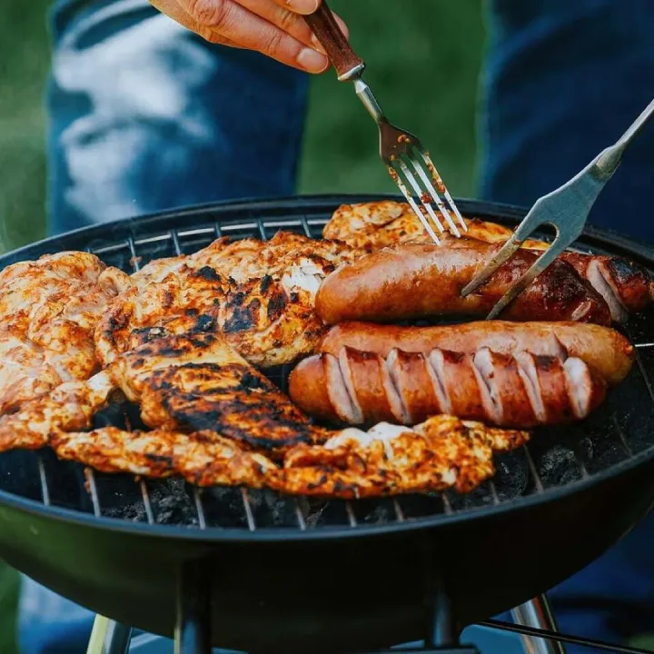 Grilling, sausage, meat, fork, chicken, charcoal
