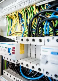 Electrician working on the wiring of a consumer unit