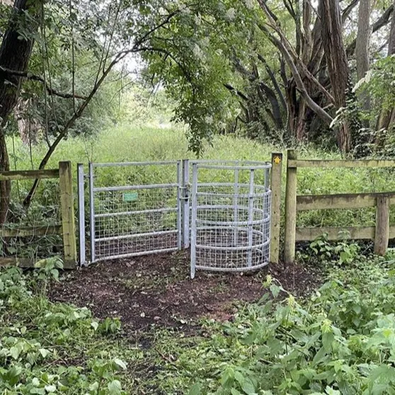 Metal kissing gate in a wooden fence beneath trees, with a footpath leading up to it