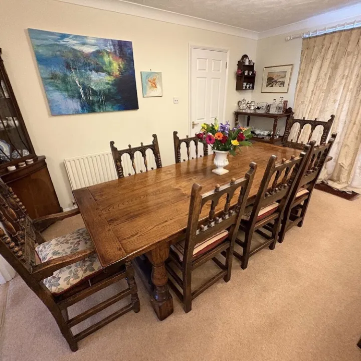 Solid dark wood dining room and 8 Derbyshire style oak chairs – Items for sale
