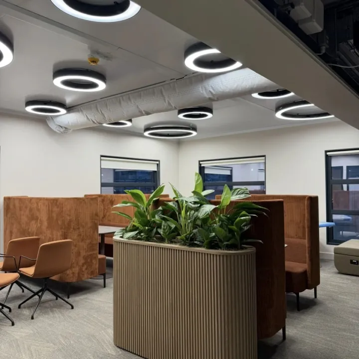 Breakout area with rust orange booth seating, a fluted planter with leafy plants and ring ceiling lights