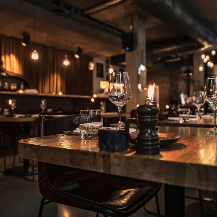 Restaurant interior with candlelit tables