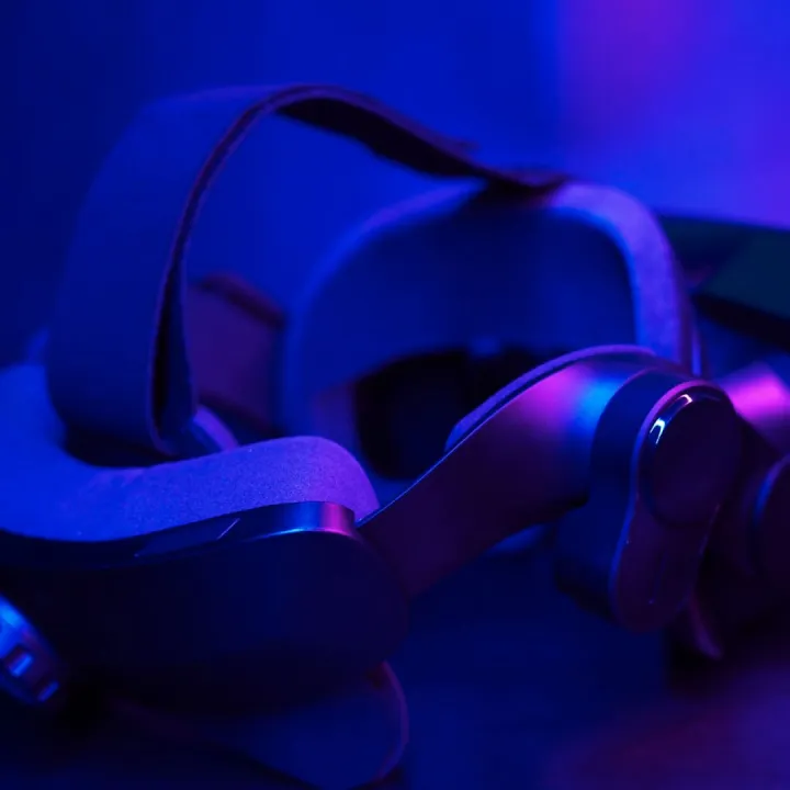 View of the Pimax Crystal Light 2 VR headset in blue and magenta light