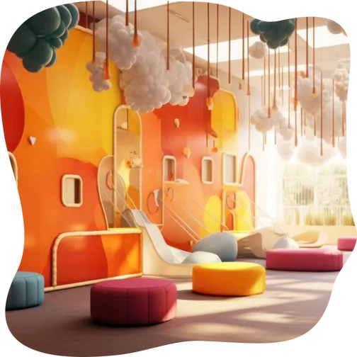 The indoor play area is busy with children enjoying the slid
