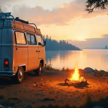 A camper van is parked by a campfire