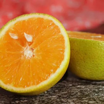 Vibrant close-up of a juicy orange sliced in half