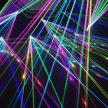 Dynamic multicolor laser beams create an electrifying display in a nighttime laser show.