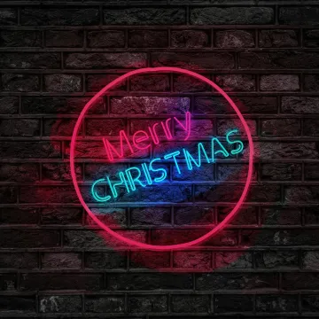 Vibrant neon Merry Christmas sign glowing on a